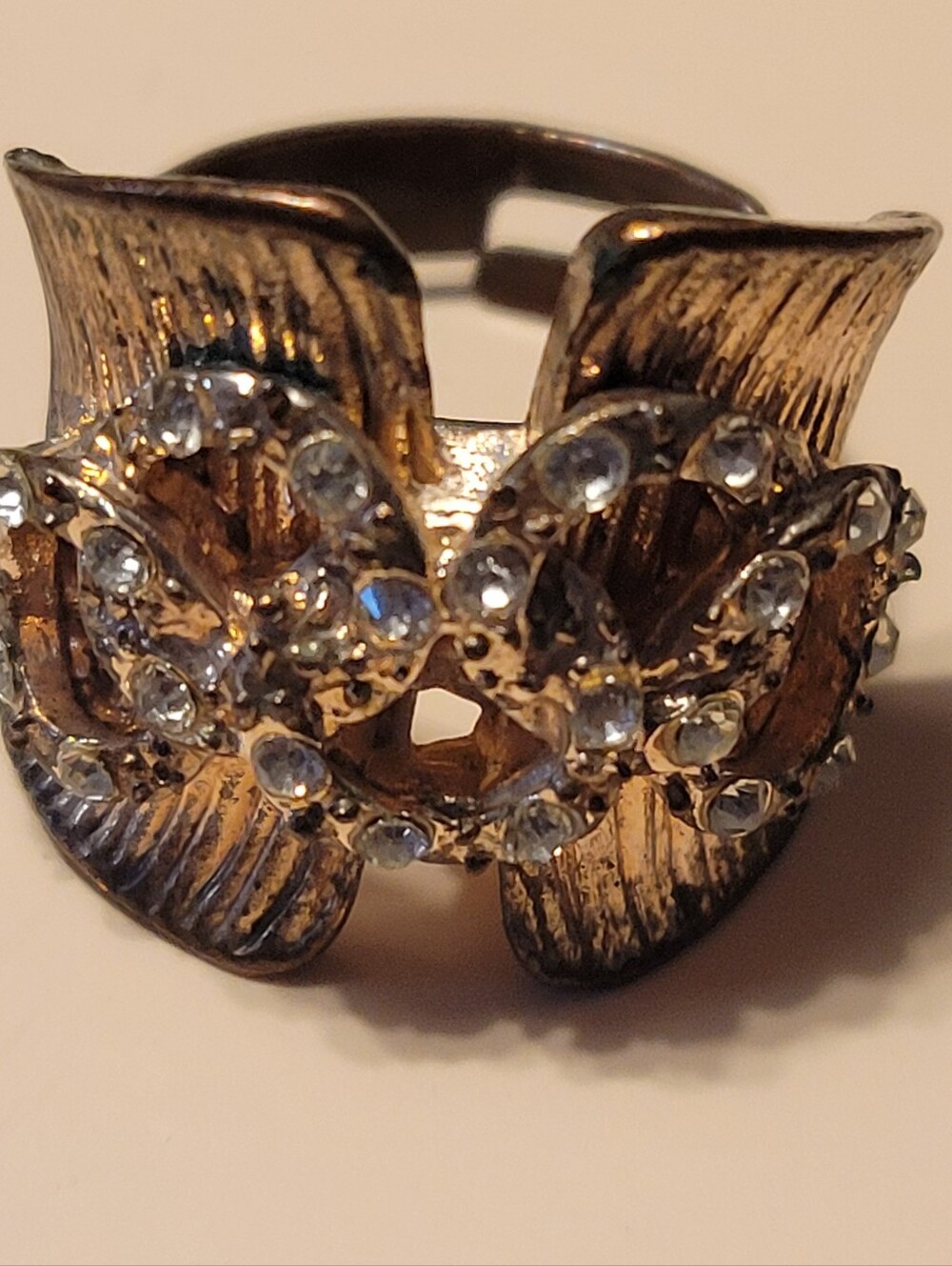 VINTAGE Gold-Tone Crystal Floral Statement Ring